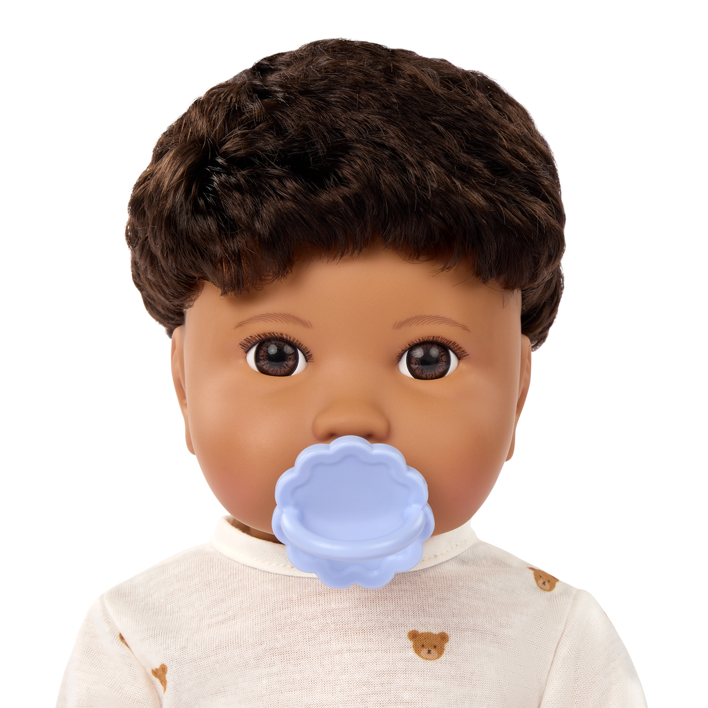 LullaBaby boy doll with brown hair in teddy bear outfit
