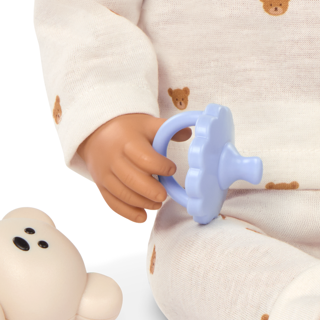 LullaBaby boy doll with brown hair in teddy bear outfit