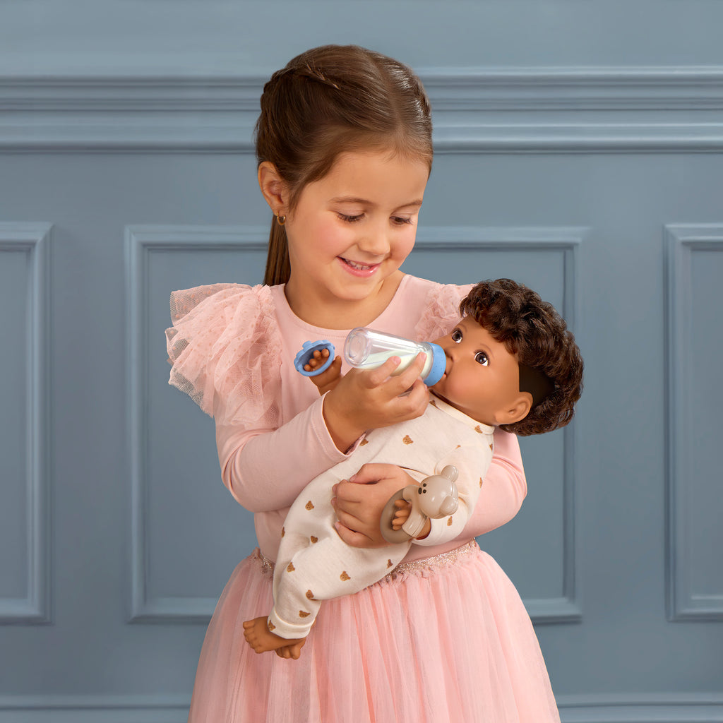 LullaBaby boy doll with brown hair in teddy bear outfit