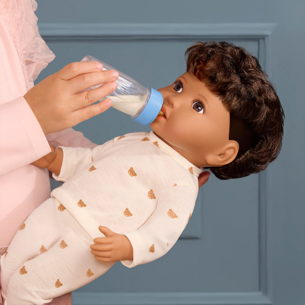 LullaBaby boy doll with brown hair in teddy bear outfit