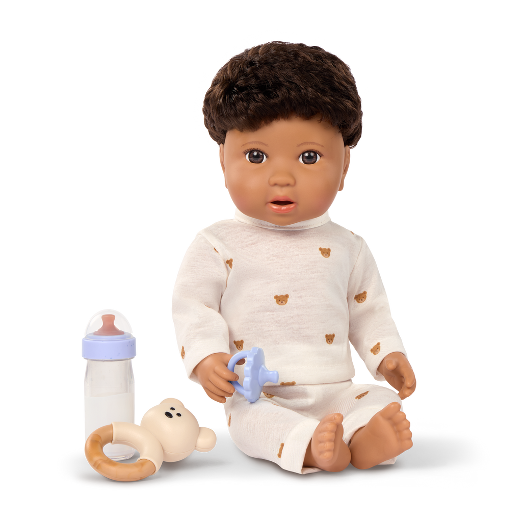 LullaBaby boy doll with brown hair in teddy bear outfit