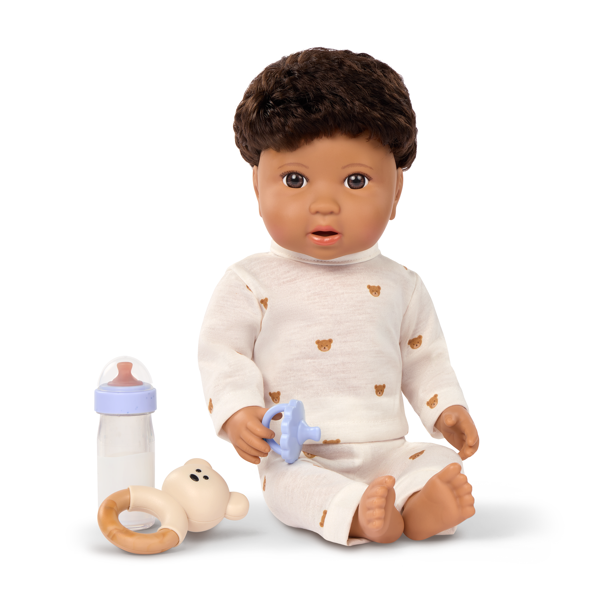 LullaBaby boy doll with brown hair in teddy bear outfit