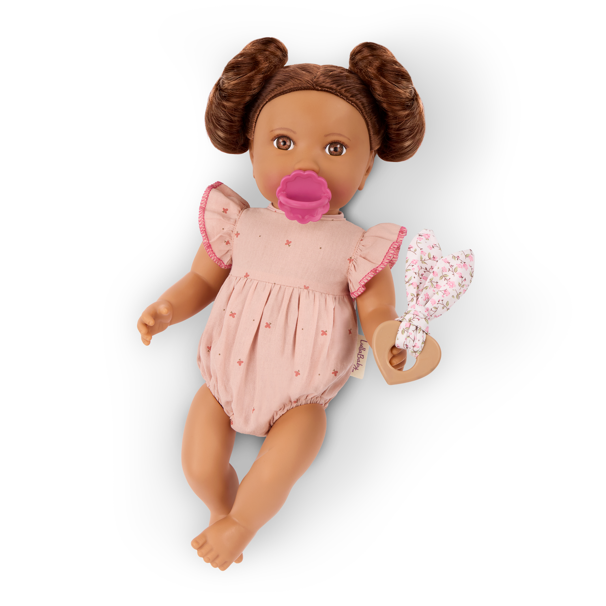 LullaBaby doll with brown hair in pink outfit