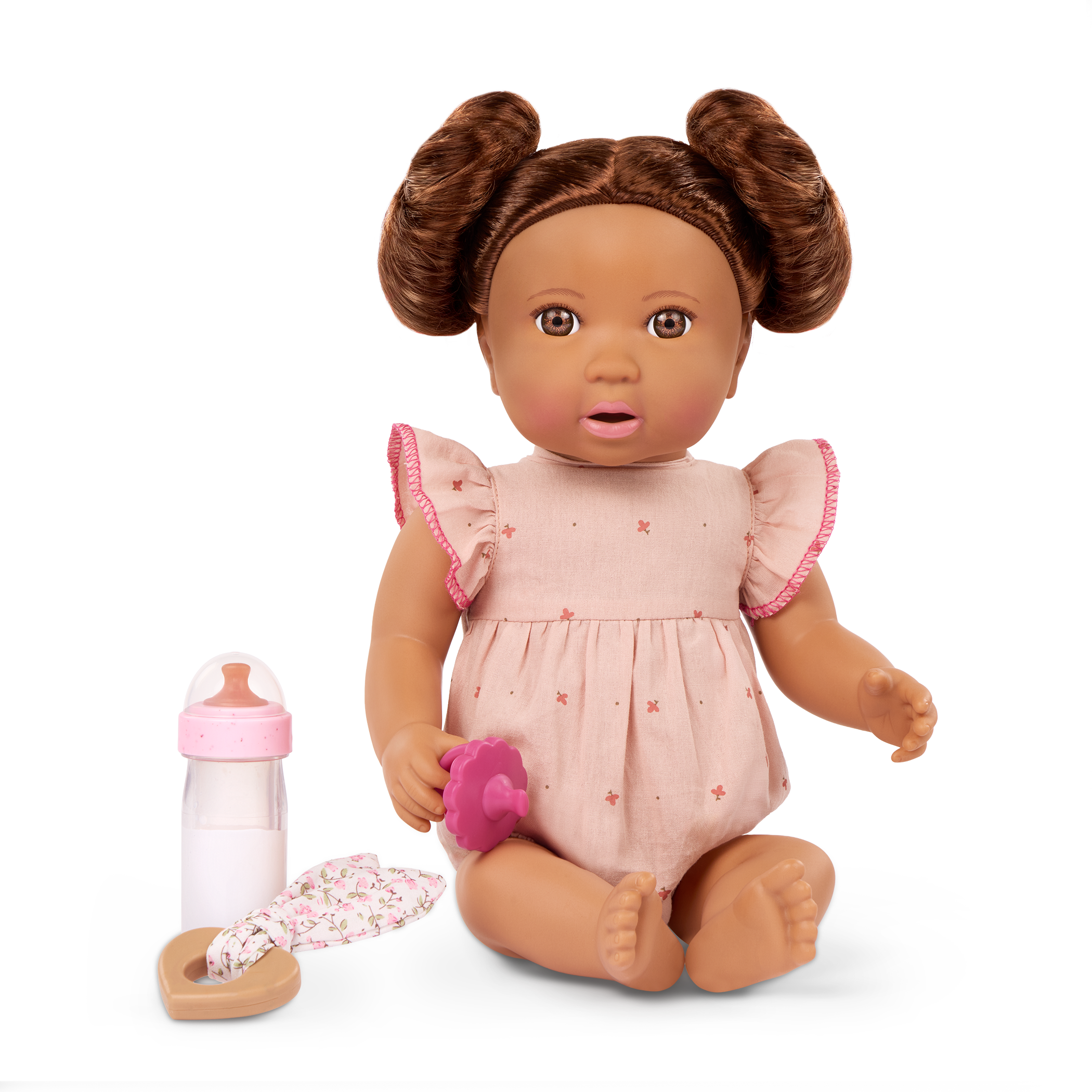 LullaBaby doll with brown hair in pink outfit
