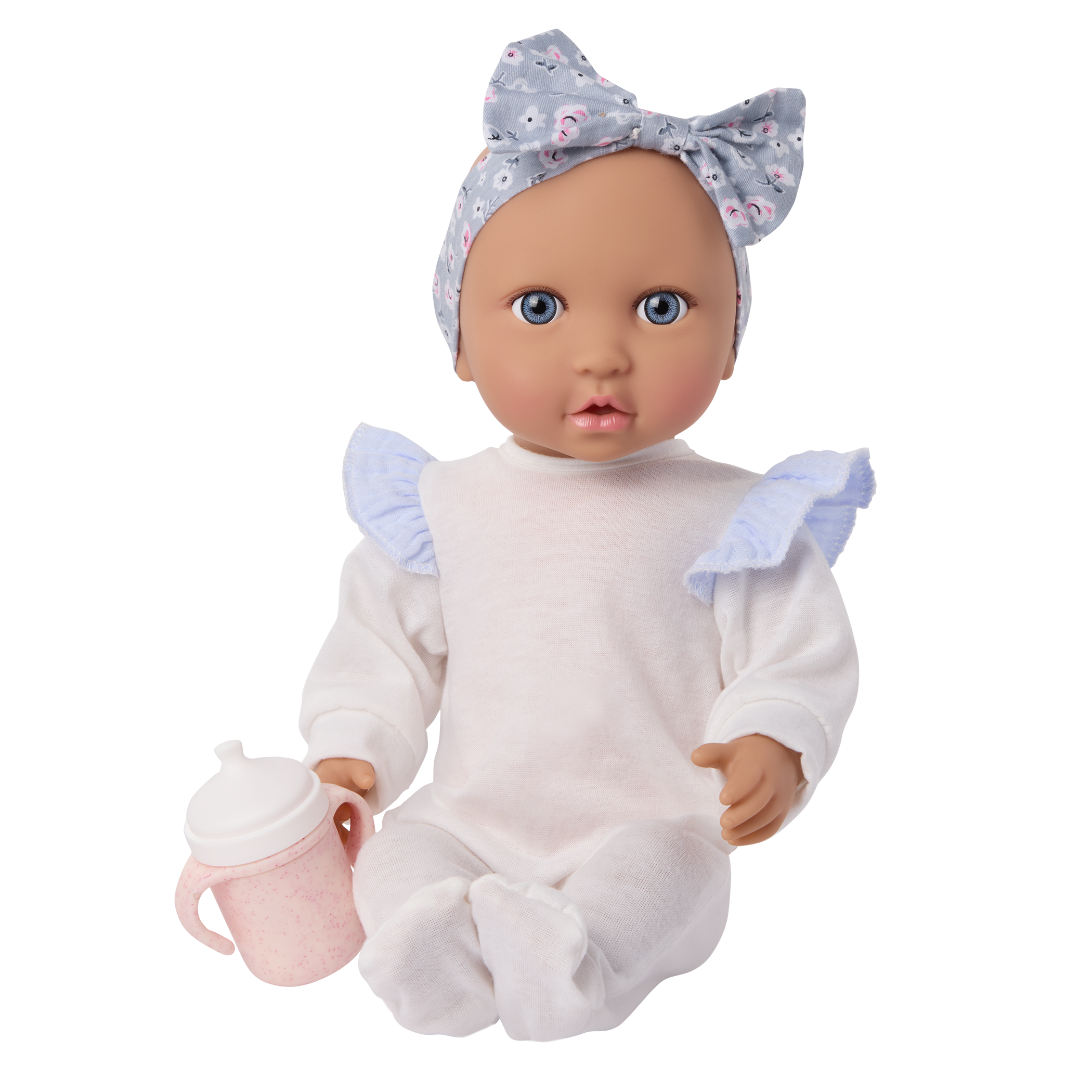 LullaBaby Doll with Blue Floral Dress and Cup