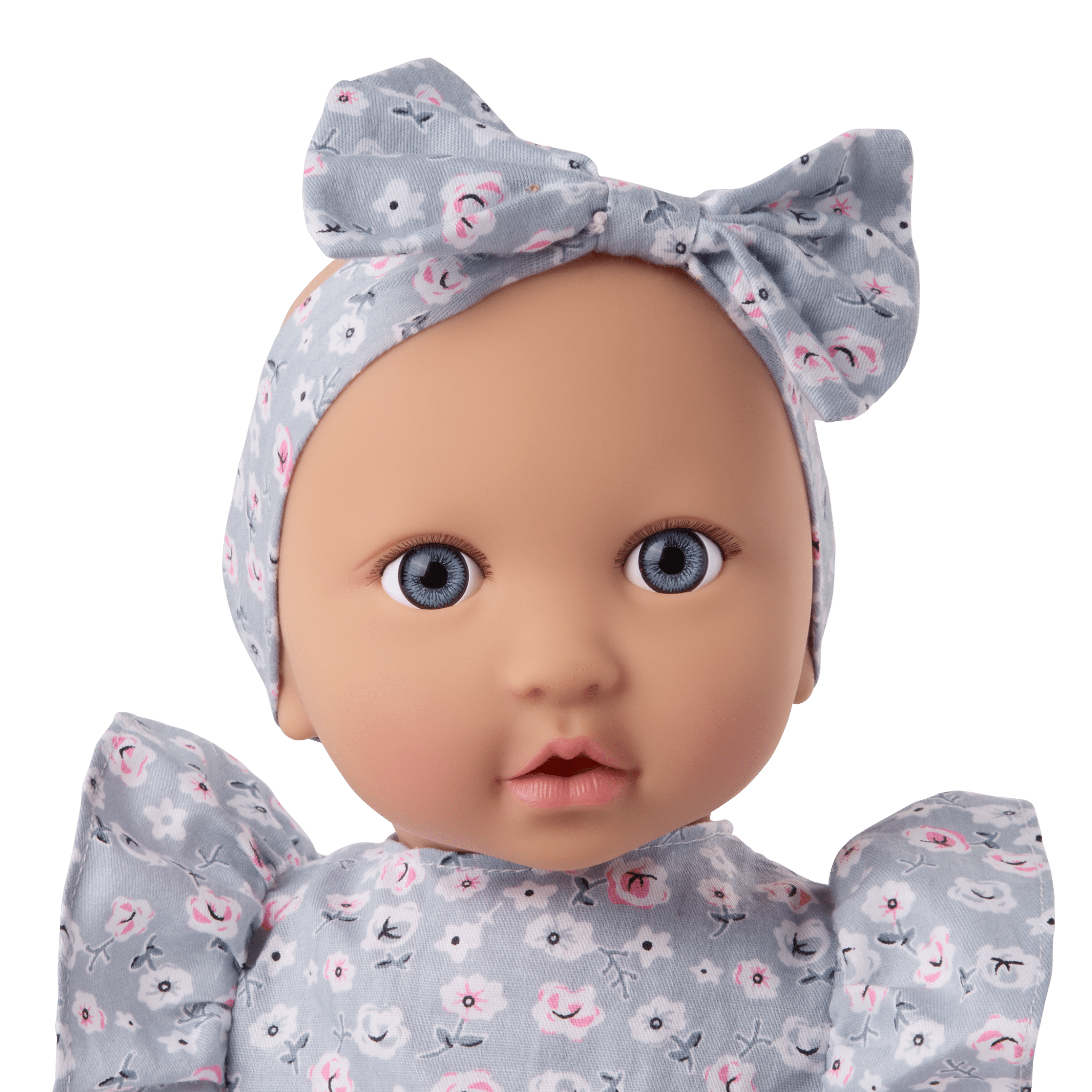 LullaBaby Doll with Blue Floral Dress and Cup