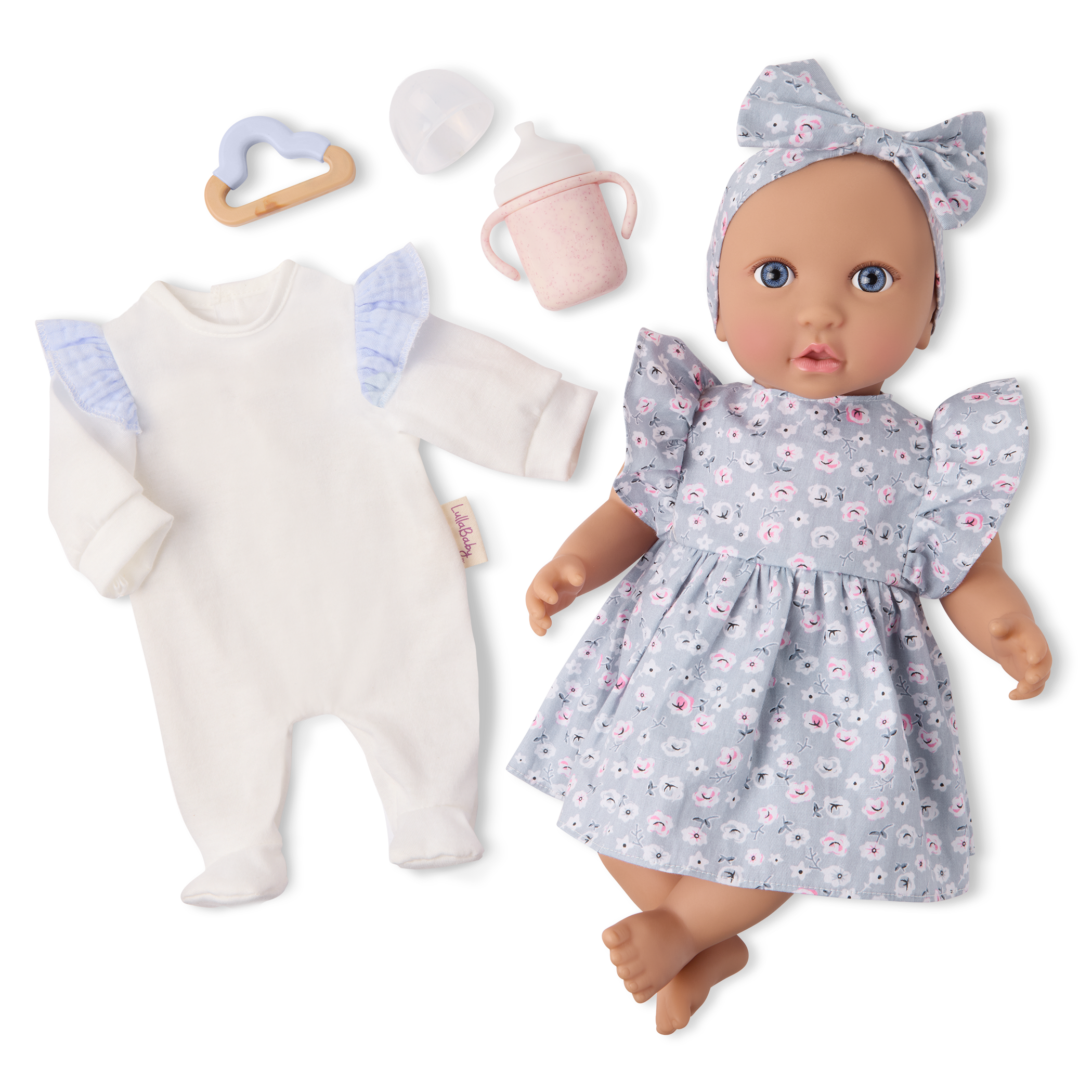 LullaBaby Doll with Blue Floral Dress and Cup