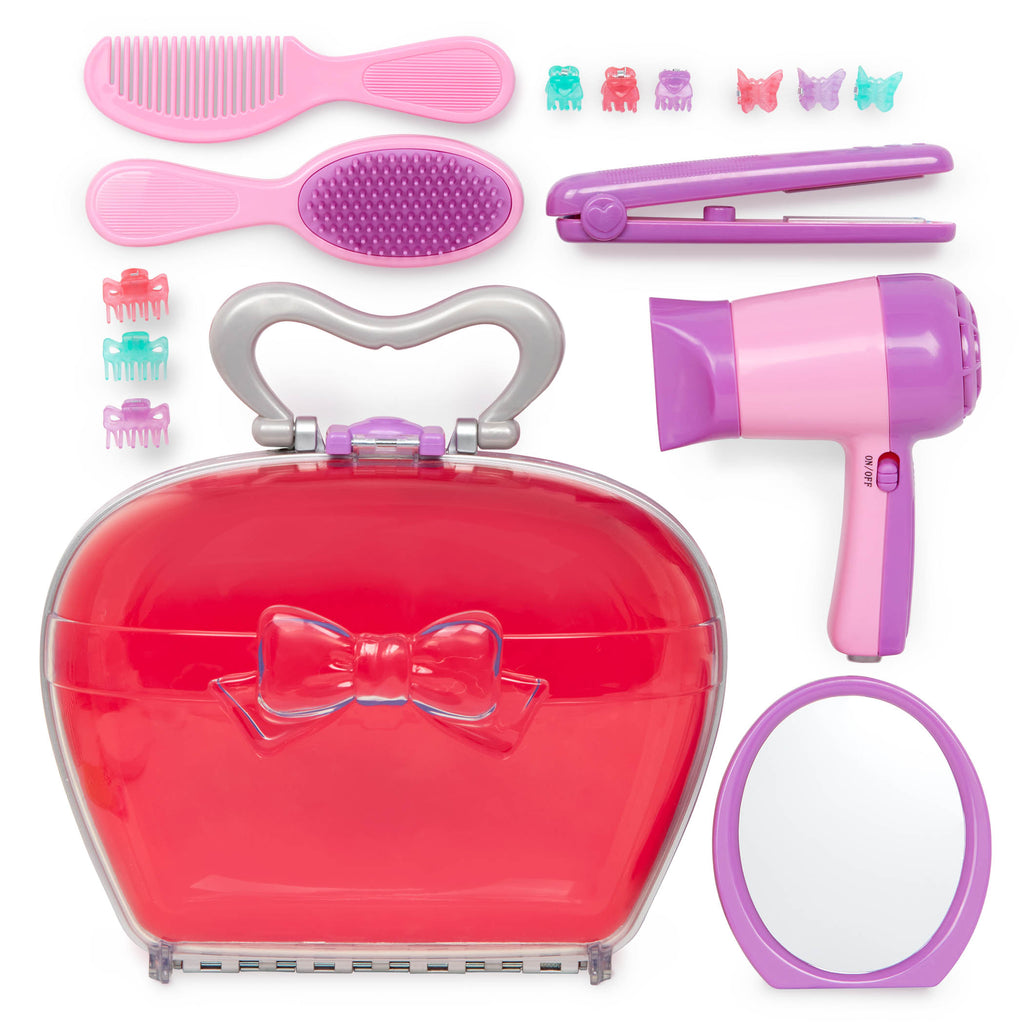 Pink and purple toy hair styling supplies.