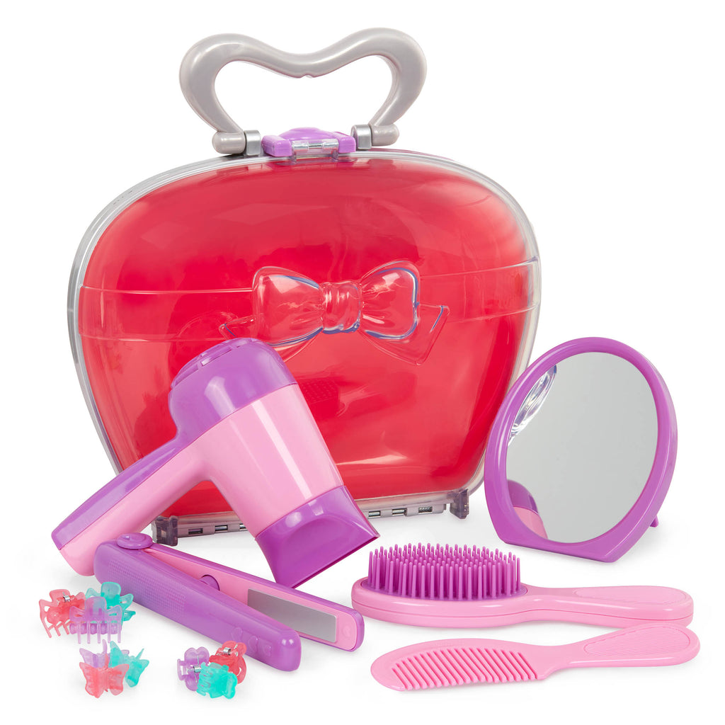 Pink and purple toy hair styling supplies.