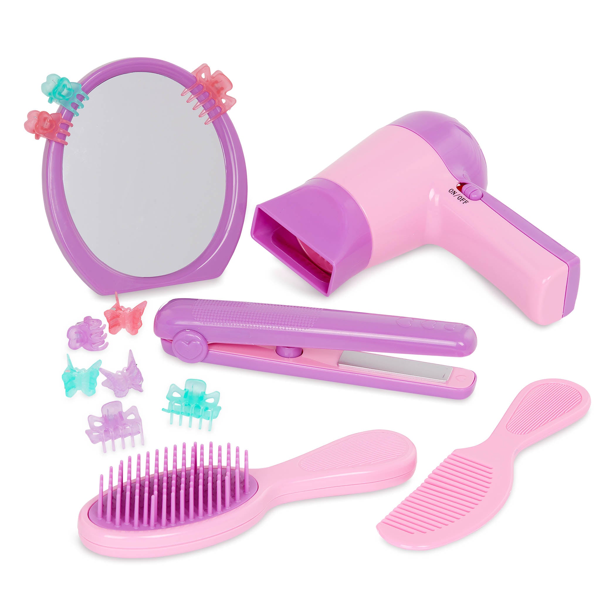 Pink and purple toy hair styling supplies.