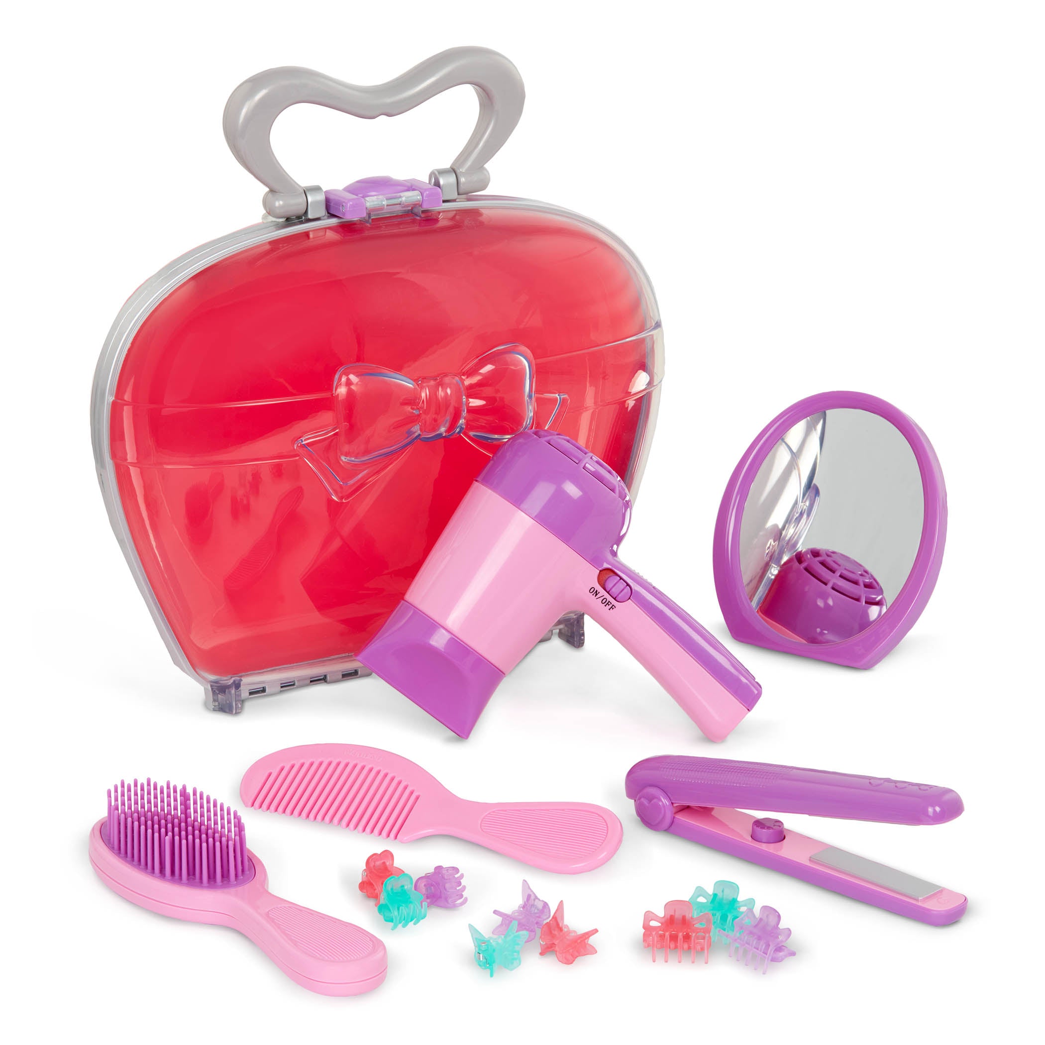 Pink and purple toy hair styling supplies.