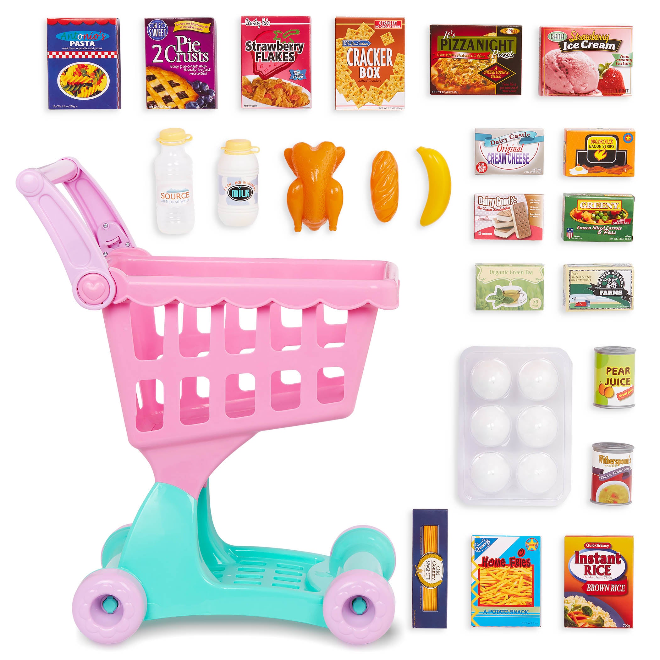 A pink and green toy shopping cart full of groceries.