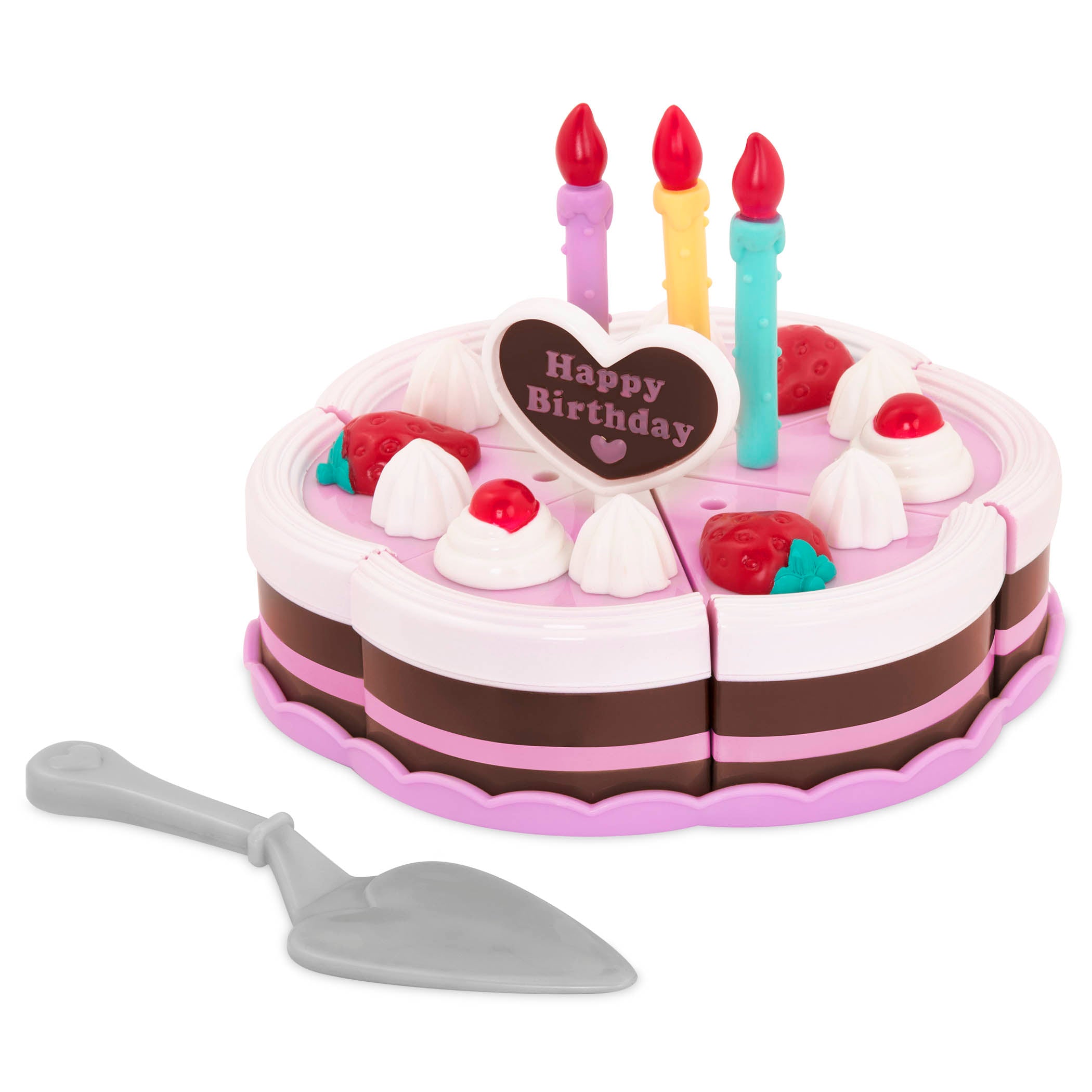 2 slices of pretend birthday cake with candles and utensils.