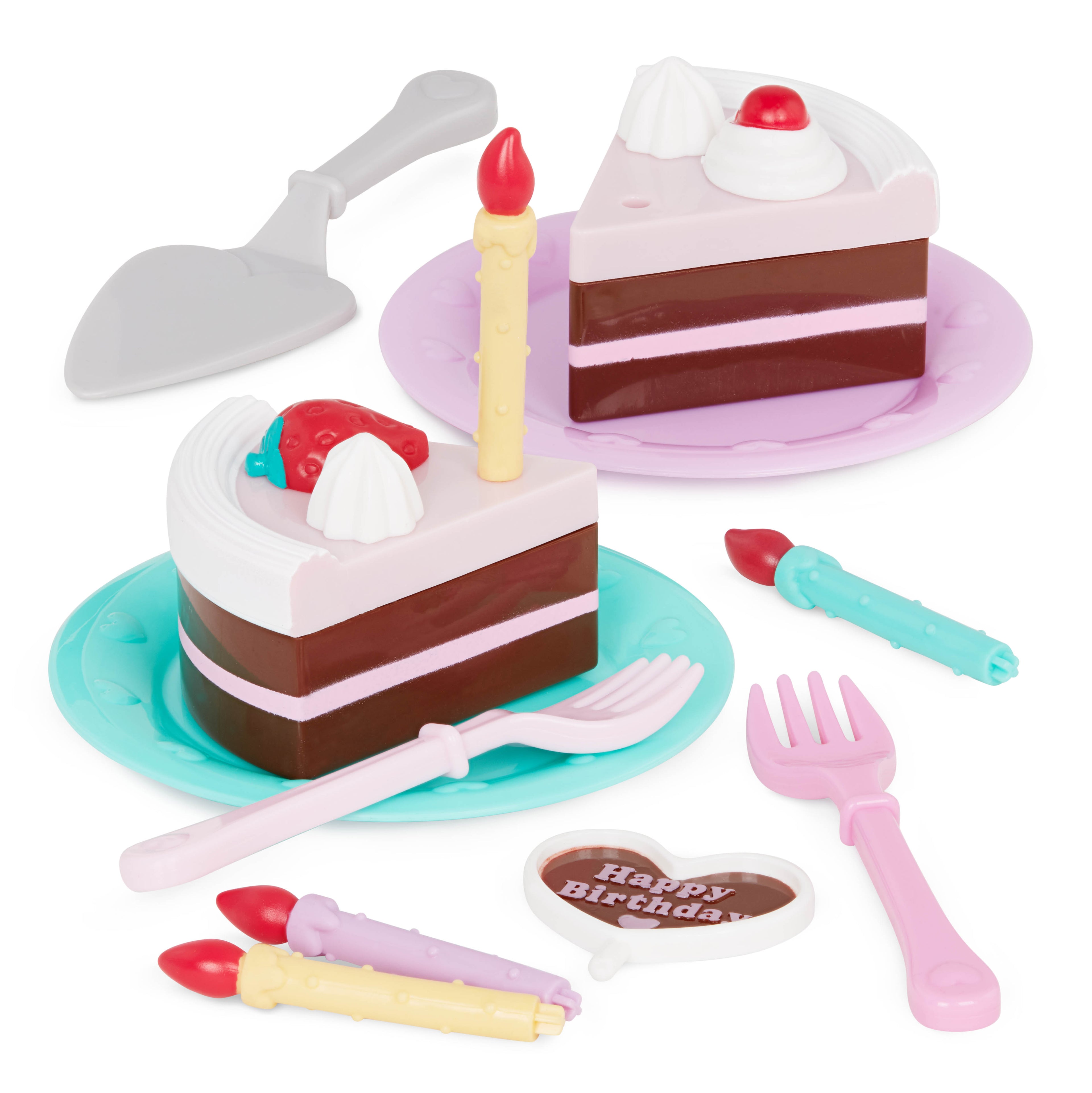 2 slices of pretend birthday cake with candles and utensils.