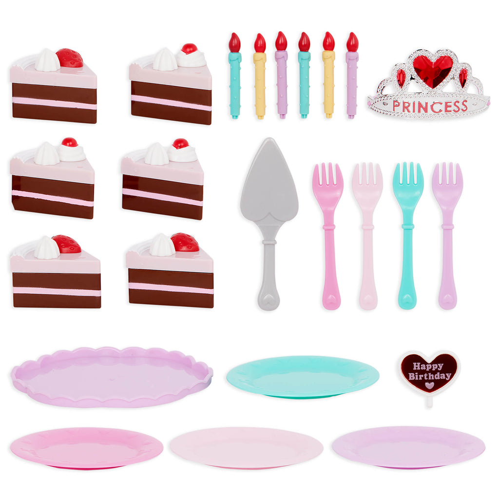 2 slices of pretend birthday cake with candles and utensils.