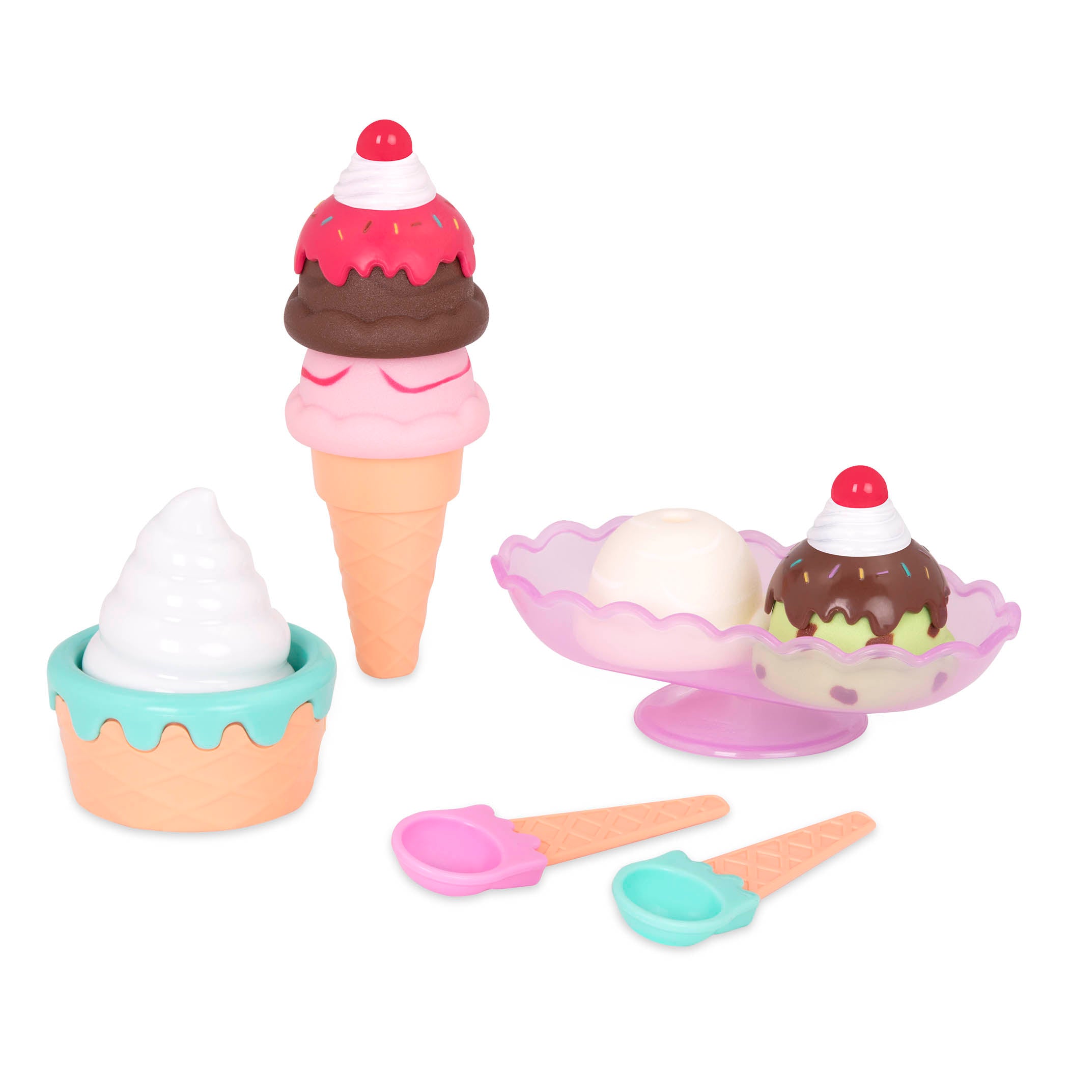 An ice cream playset with toy ice cream scoops, toppings, and more.