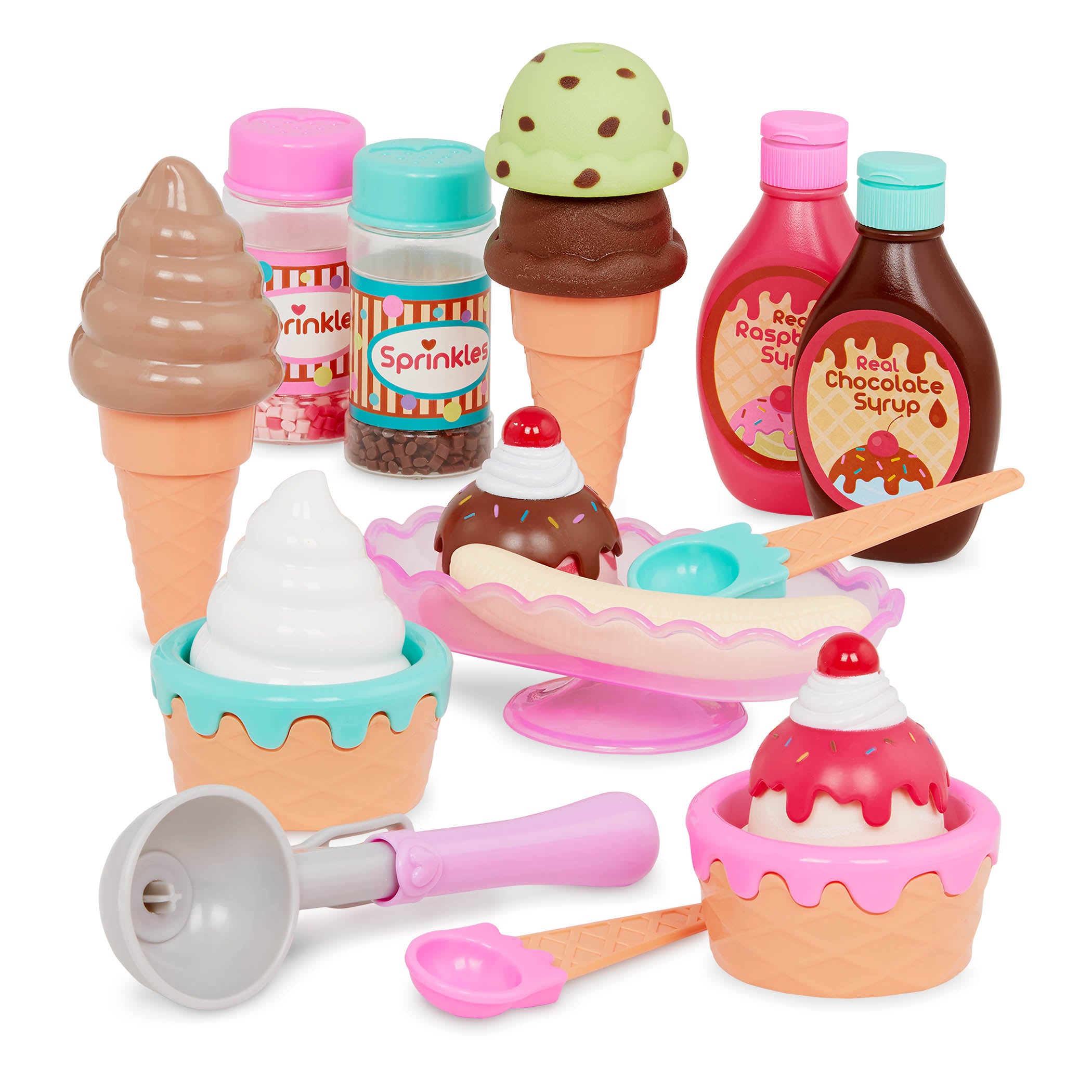 An ice cream playset with toy ice cream scoops, toppings, and more.