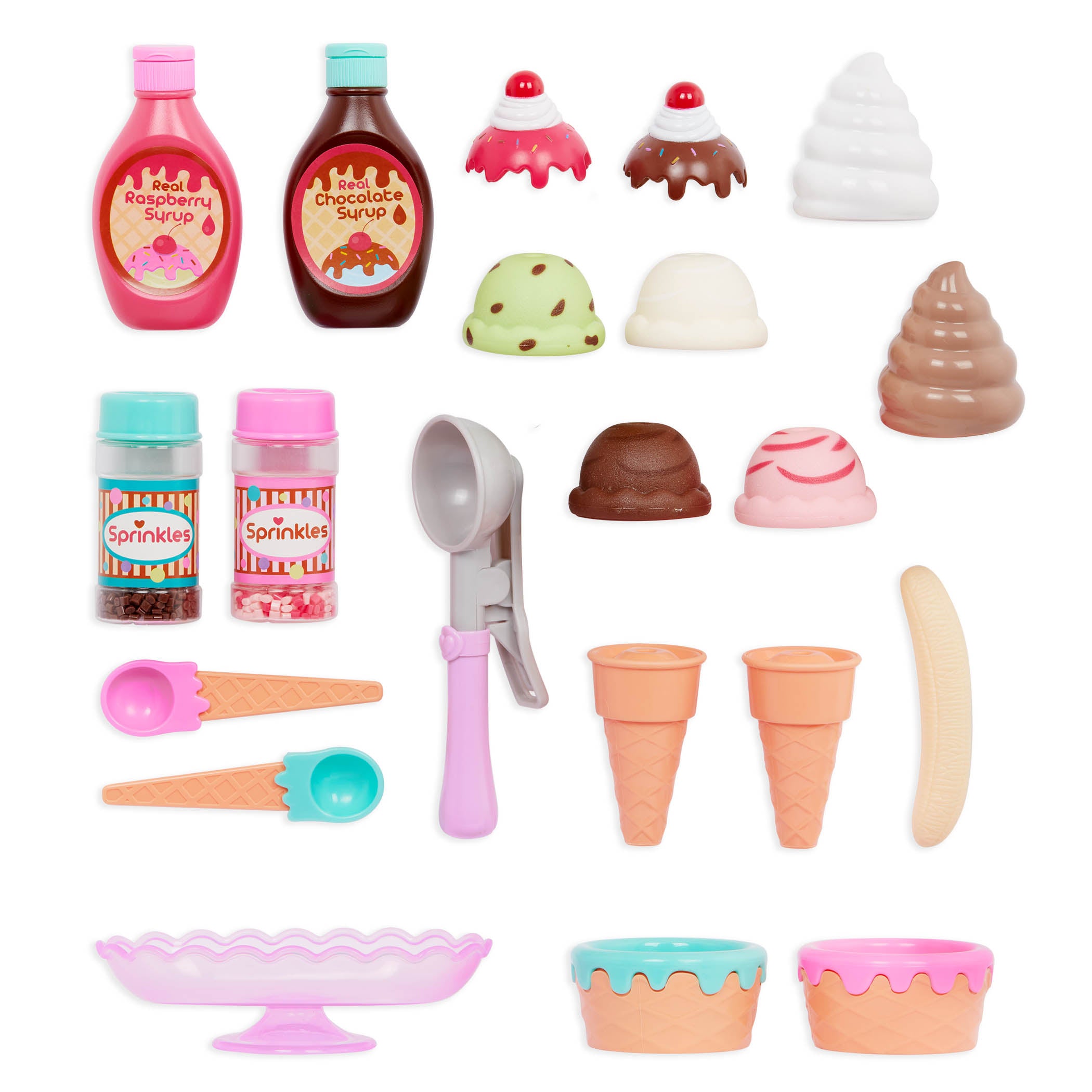 An ice cream playset with toy ice cream scoops, toppings, and more.