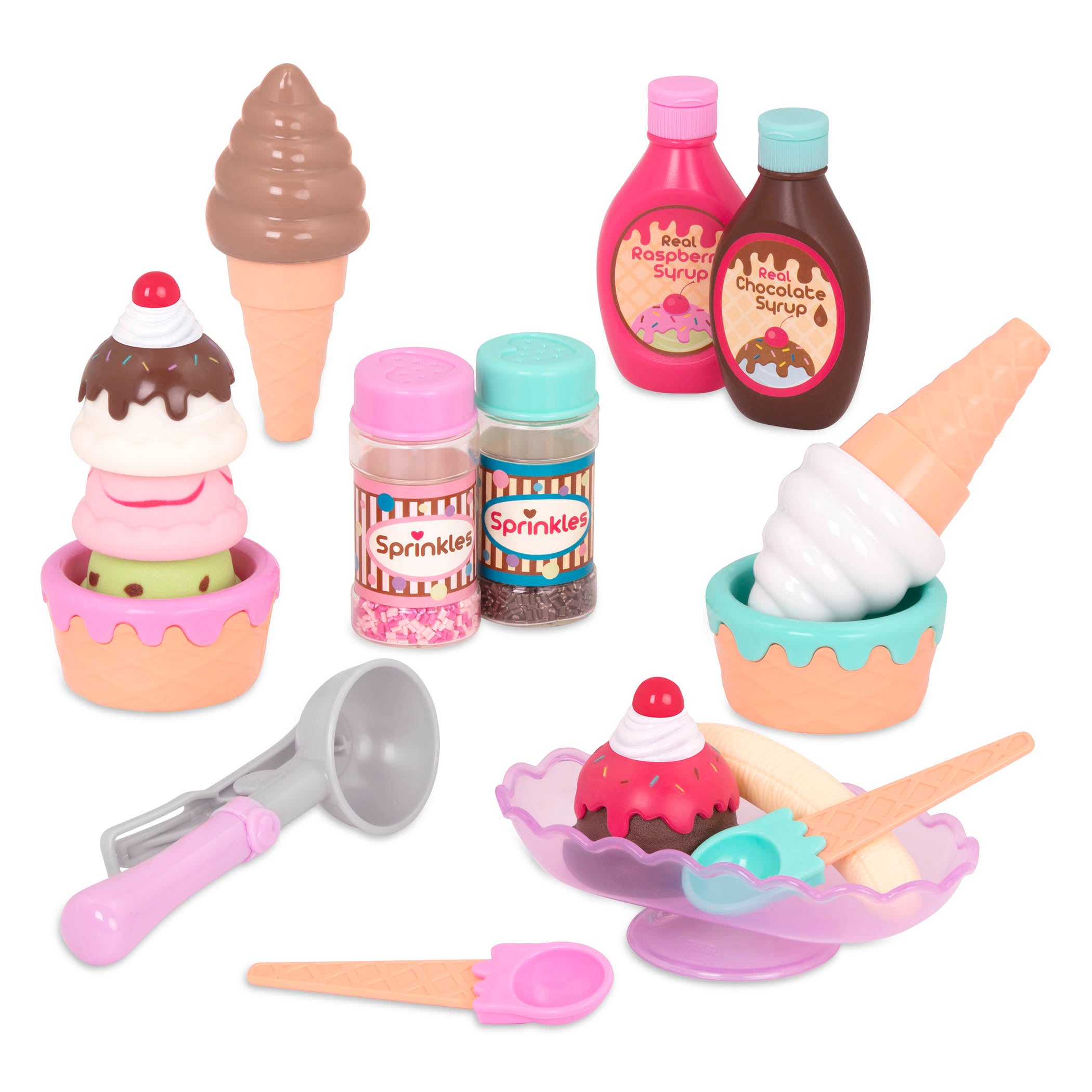 An ice cream playset with toy ice cream scoops, toppings, and more.