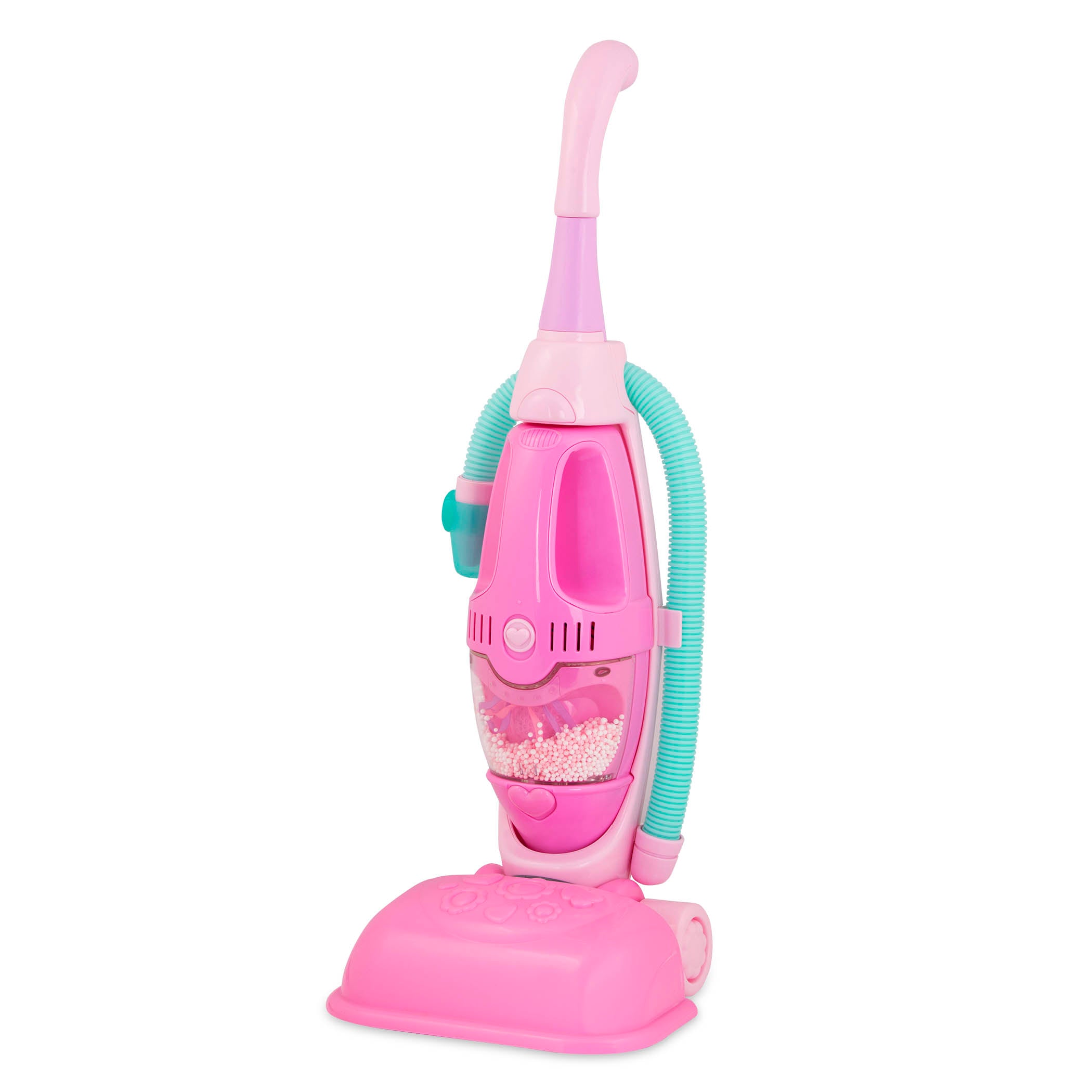 A pink toy vacuum for toddlers and kids.