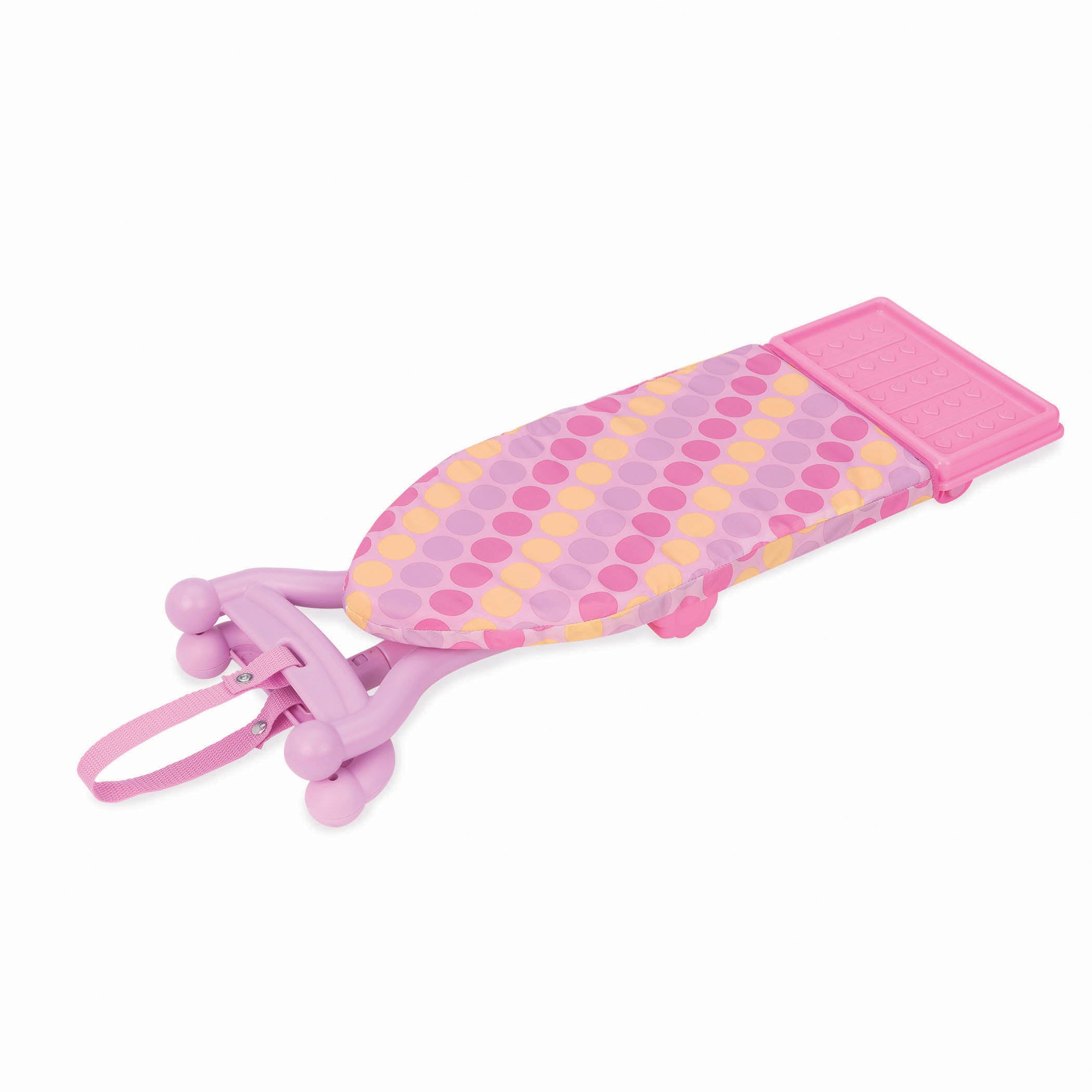 A toy ironing board and iron combo in cute pink and pastel colors.