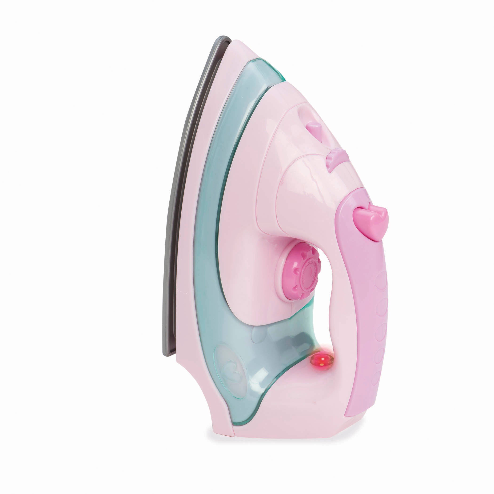 A toy ironing board and iron combo in cute pink and pastel colors.