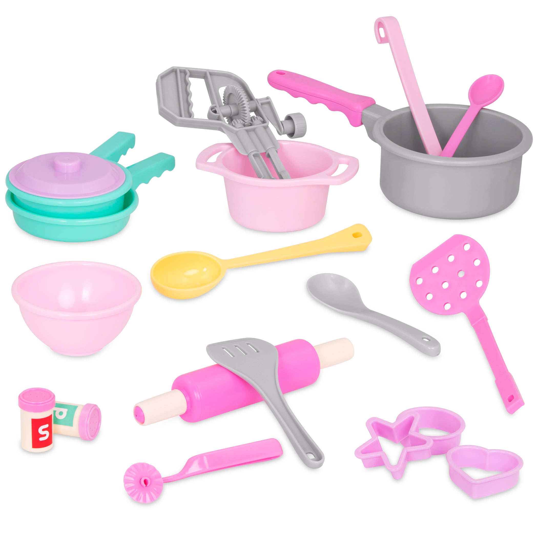 A colorful set of kitchen toys with a bin to store verything in.