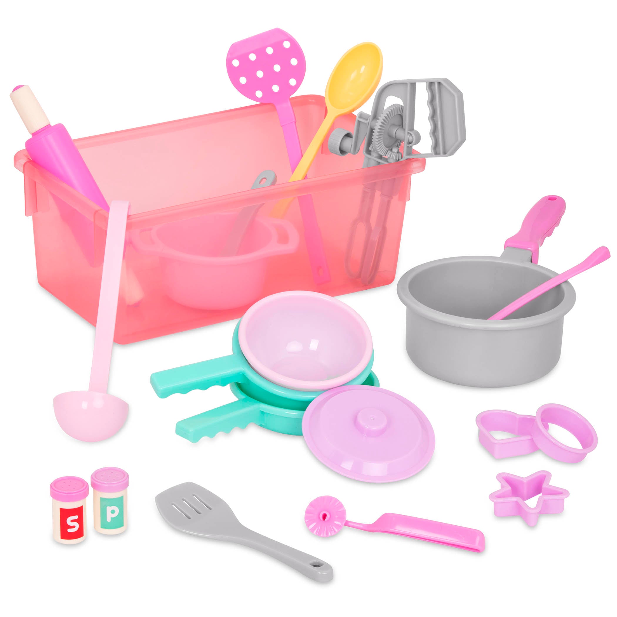 A colorful set of kitchen toys with a bin to store verything in.