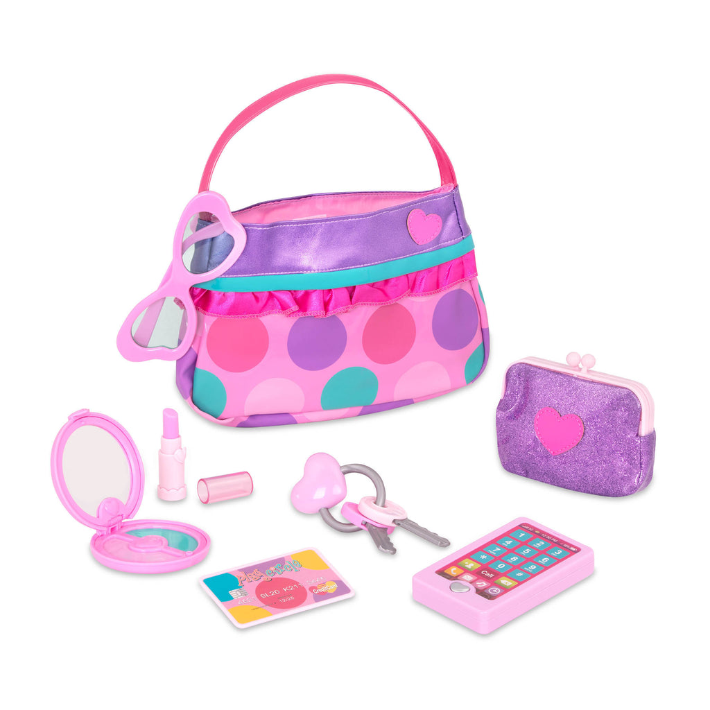 A pink and purple purse set for toddlers and kids, it comes with accessories like a compact mirror, pretend lipstick, coin purse, and more.