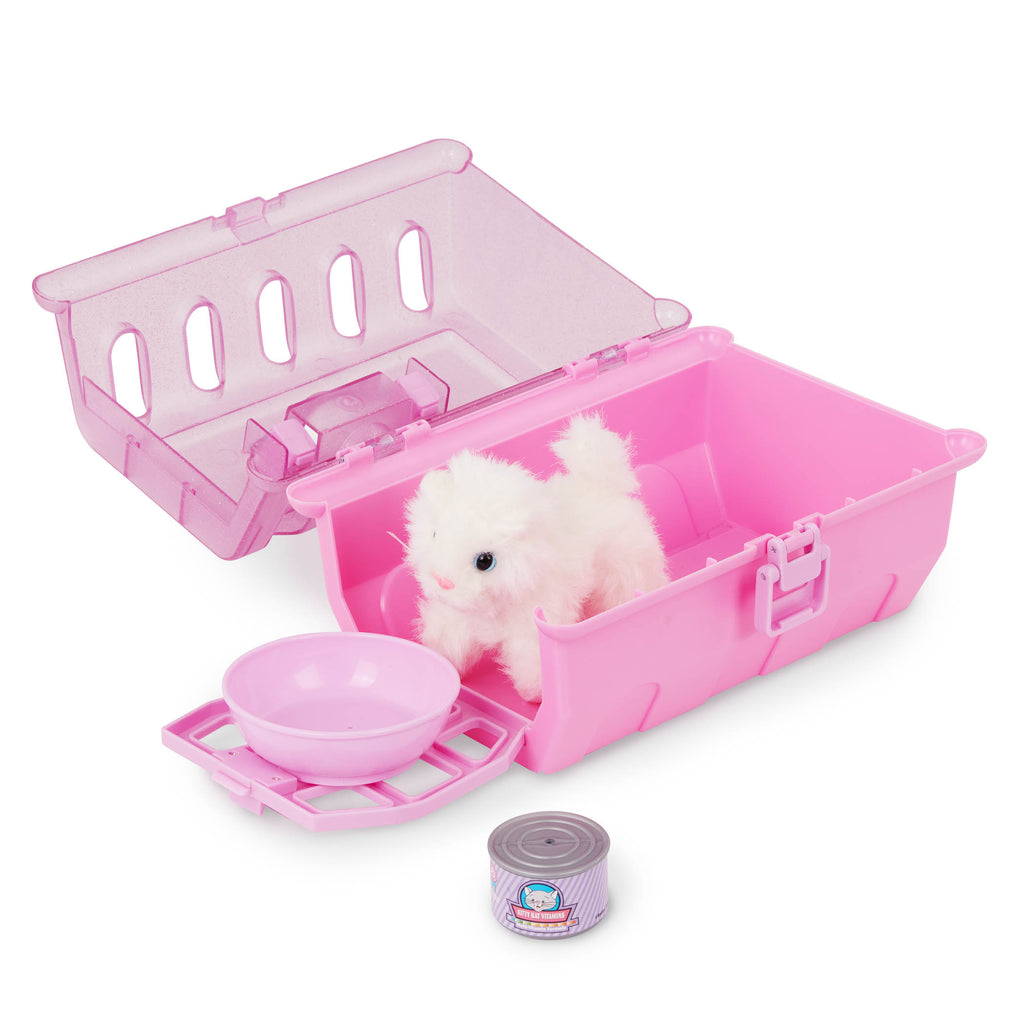 A cuteplush kitten in a pink carrying case for toddlers and kids.