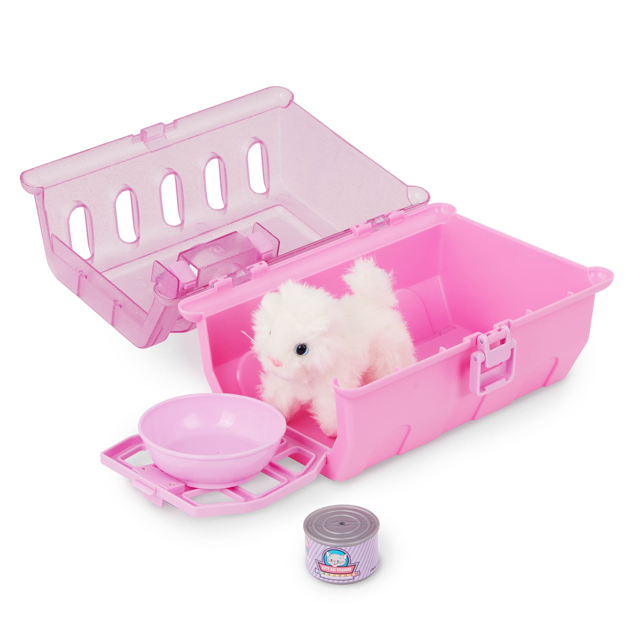 A cuteplush kitten in a pink carrying case for toddlers and kids.