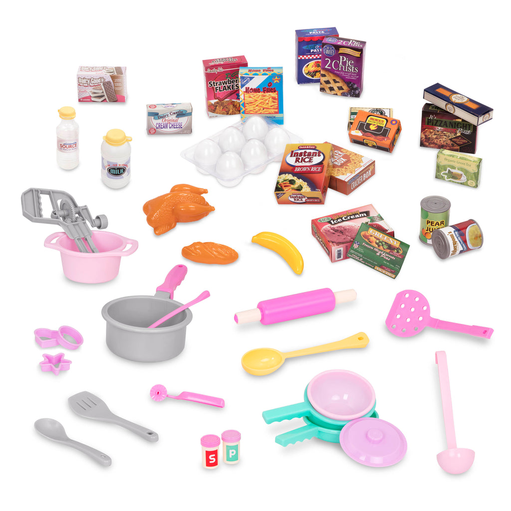 Everything you need to stock your play kitchen and market! A cart full of food, pos and pans, cooking tools and more.