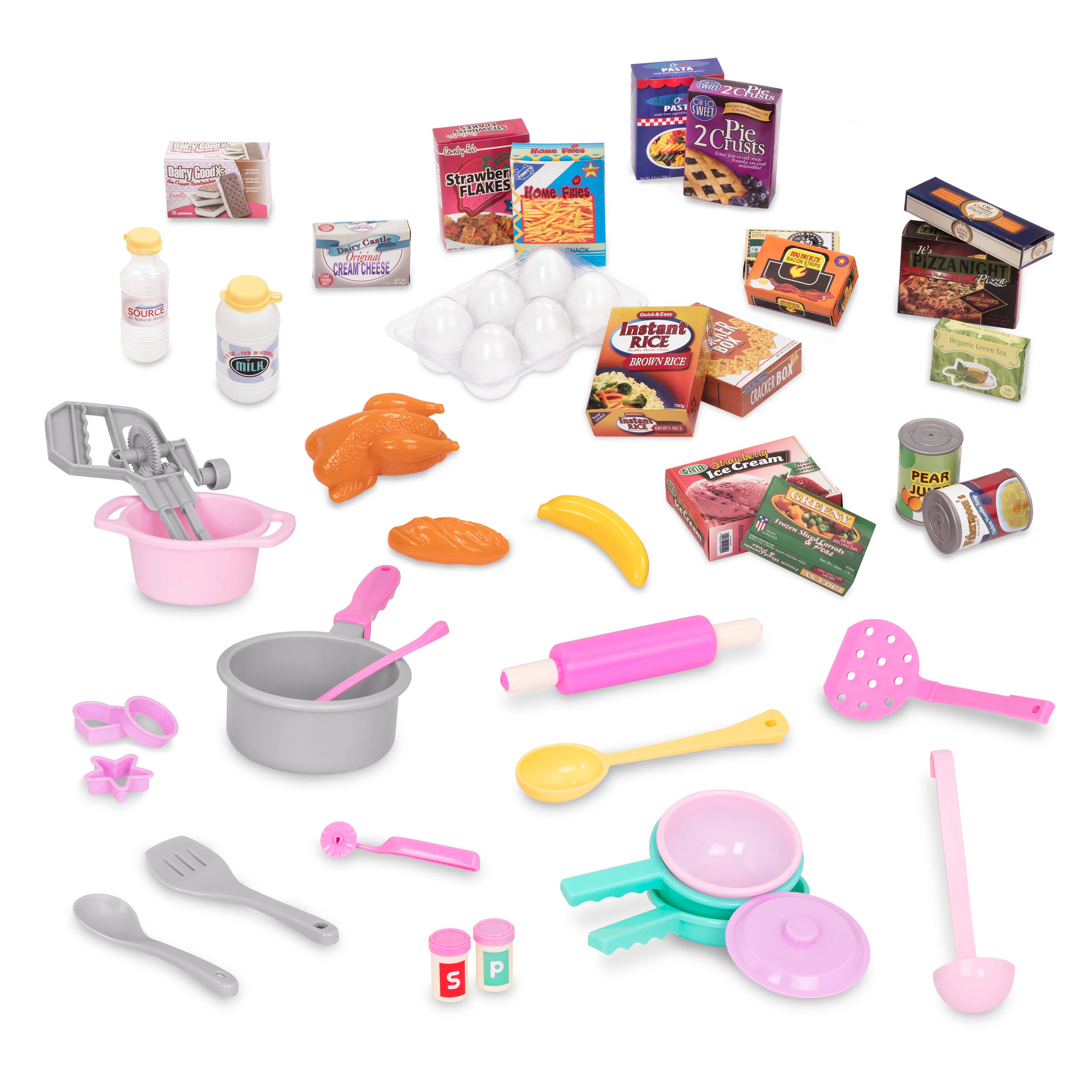 Everything you need to stock your play kitchen and market! A cart full of food, pos and pans, cooking tools and more.