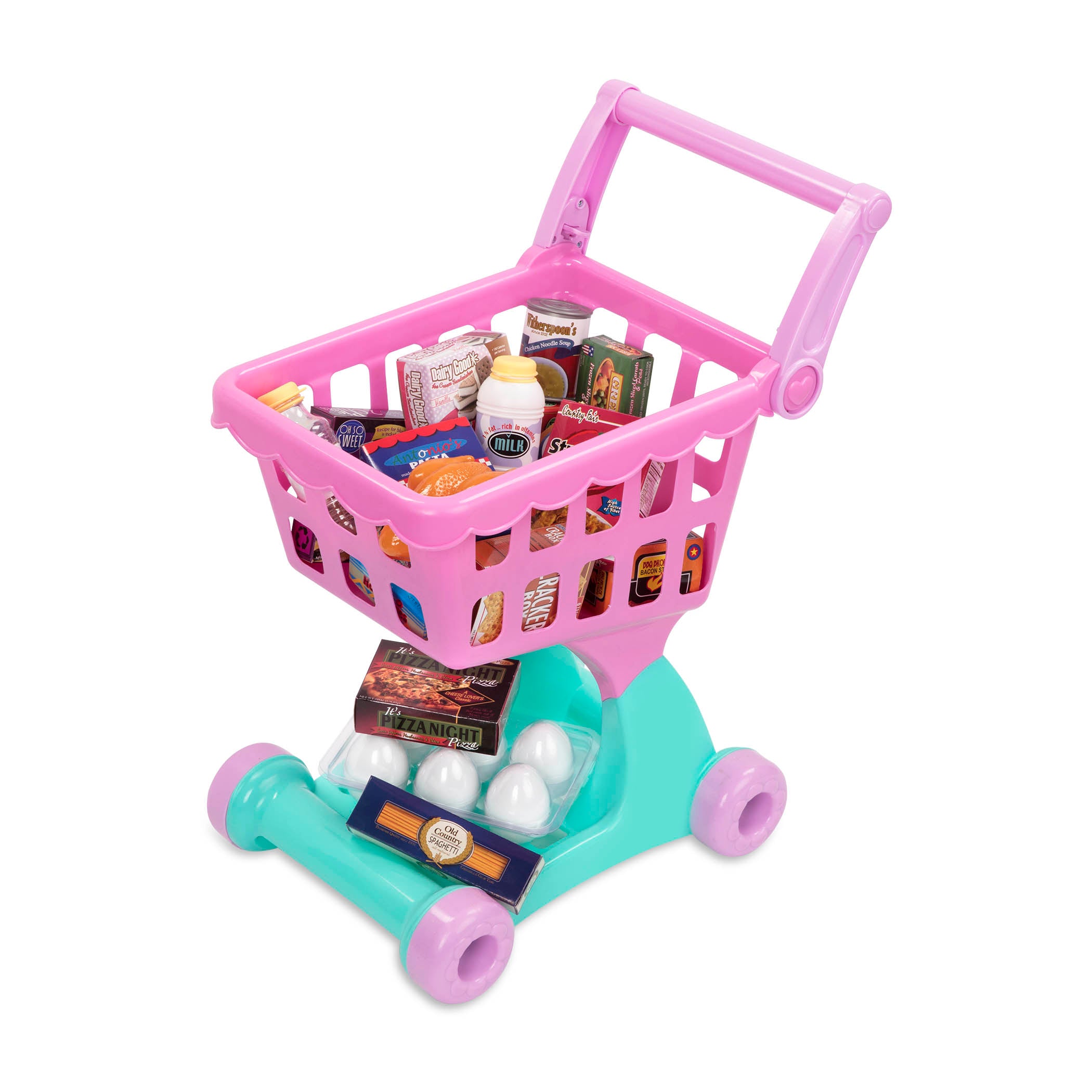 A pink and green toy shopping cart full of groceries.