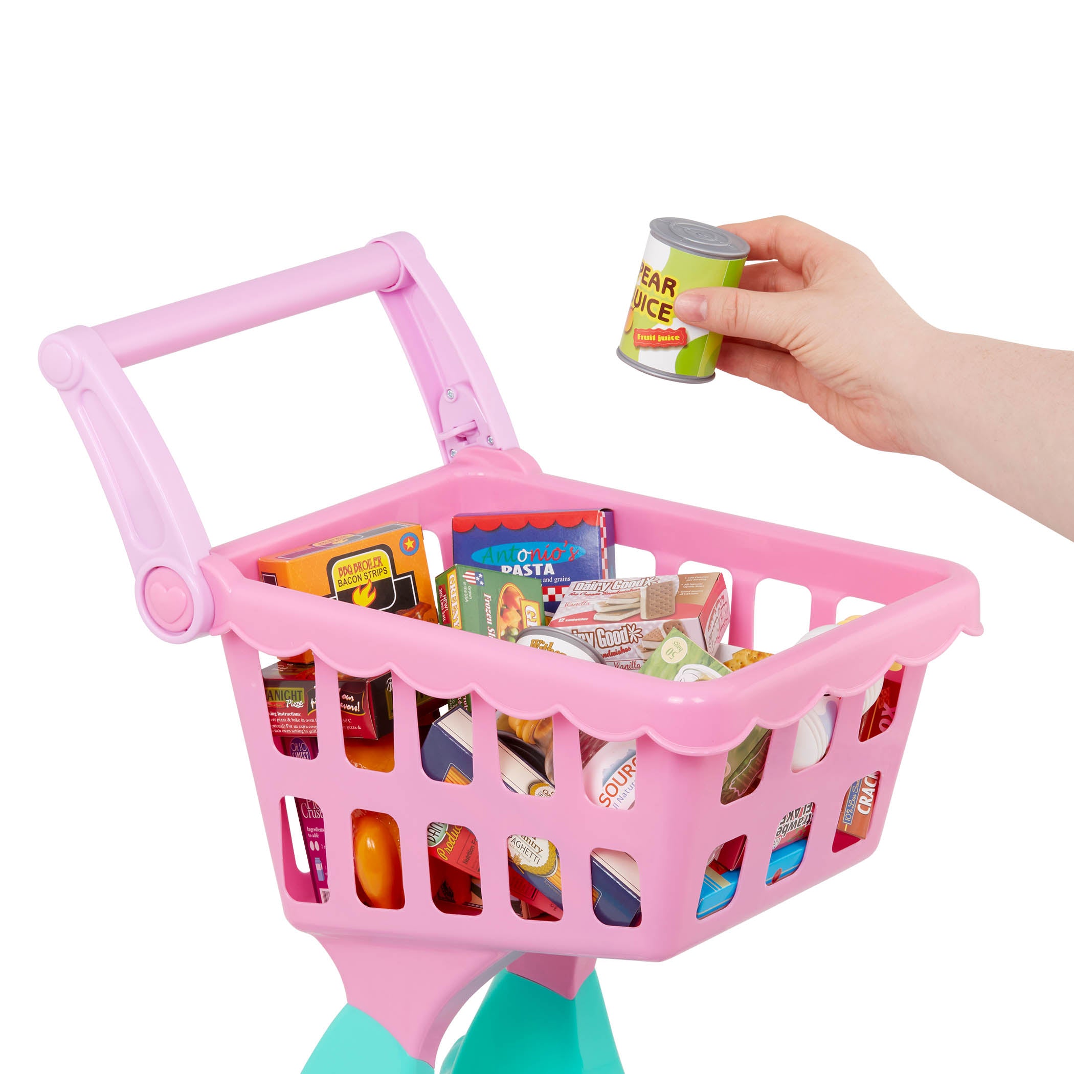 Everything you need to stock your play kitchen and market! A cart full of food, pos and pans, cooking tools and more.
