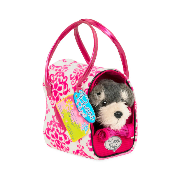 Pink & White Plush Bag & Schnauzer| Plush Dog with Carrier | Pucci