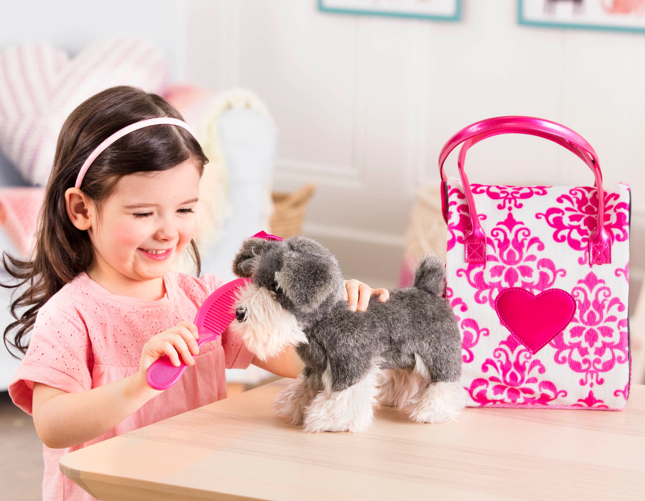 Pink & White Plush Bag & Schnauzer
