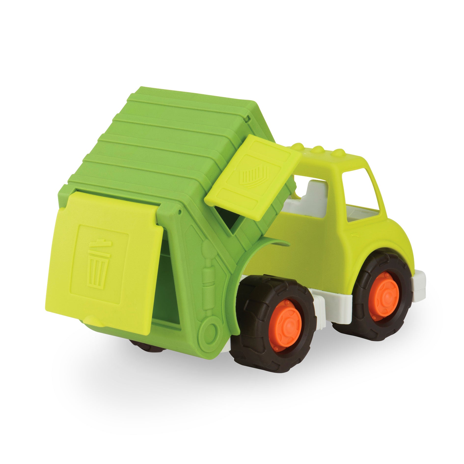 A toy recycling truck for kids and toddlers with movable parts — doors open for access to the compartments and the container tilts to empty recycling.