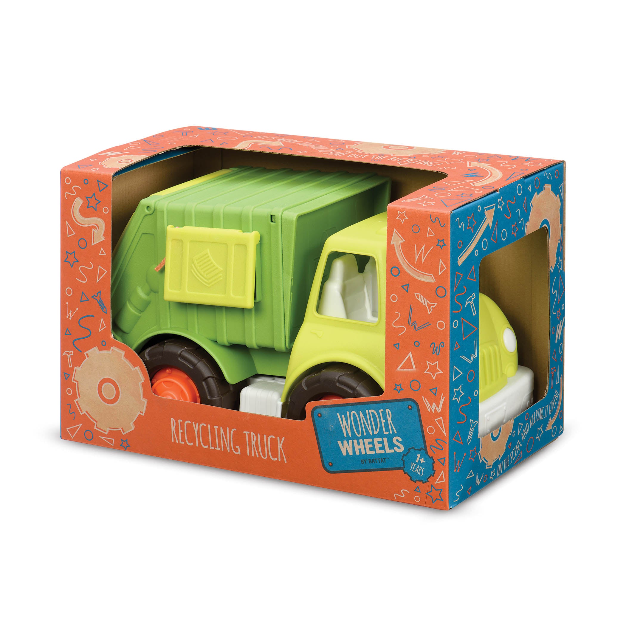 A toy recycling truck for kids and toddlers with movable parts — doors open for access to the compartments and the container tilts to empty recycling.