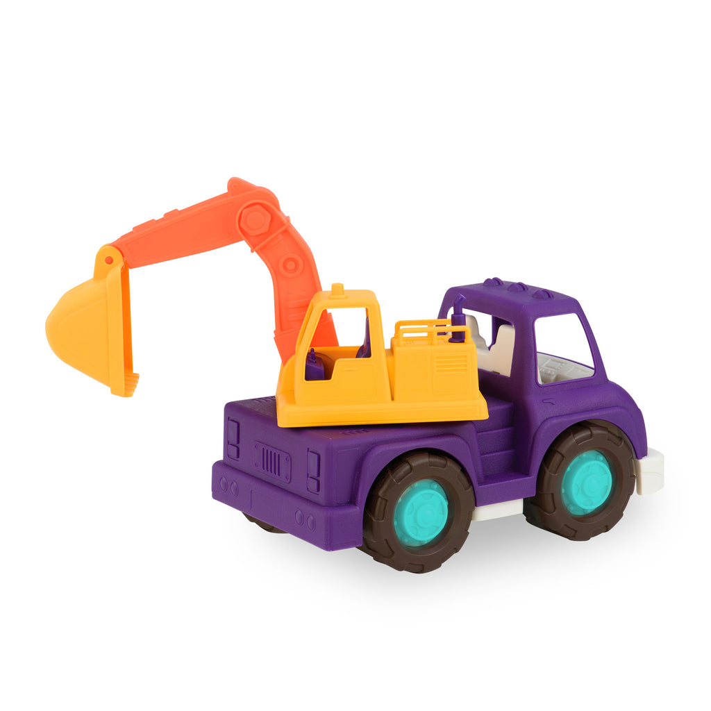 A purple, yellow, and orange excavator truck for toddlers and kids.