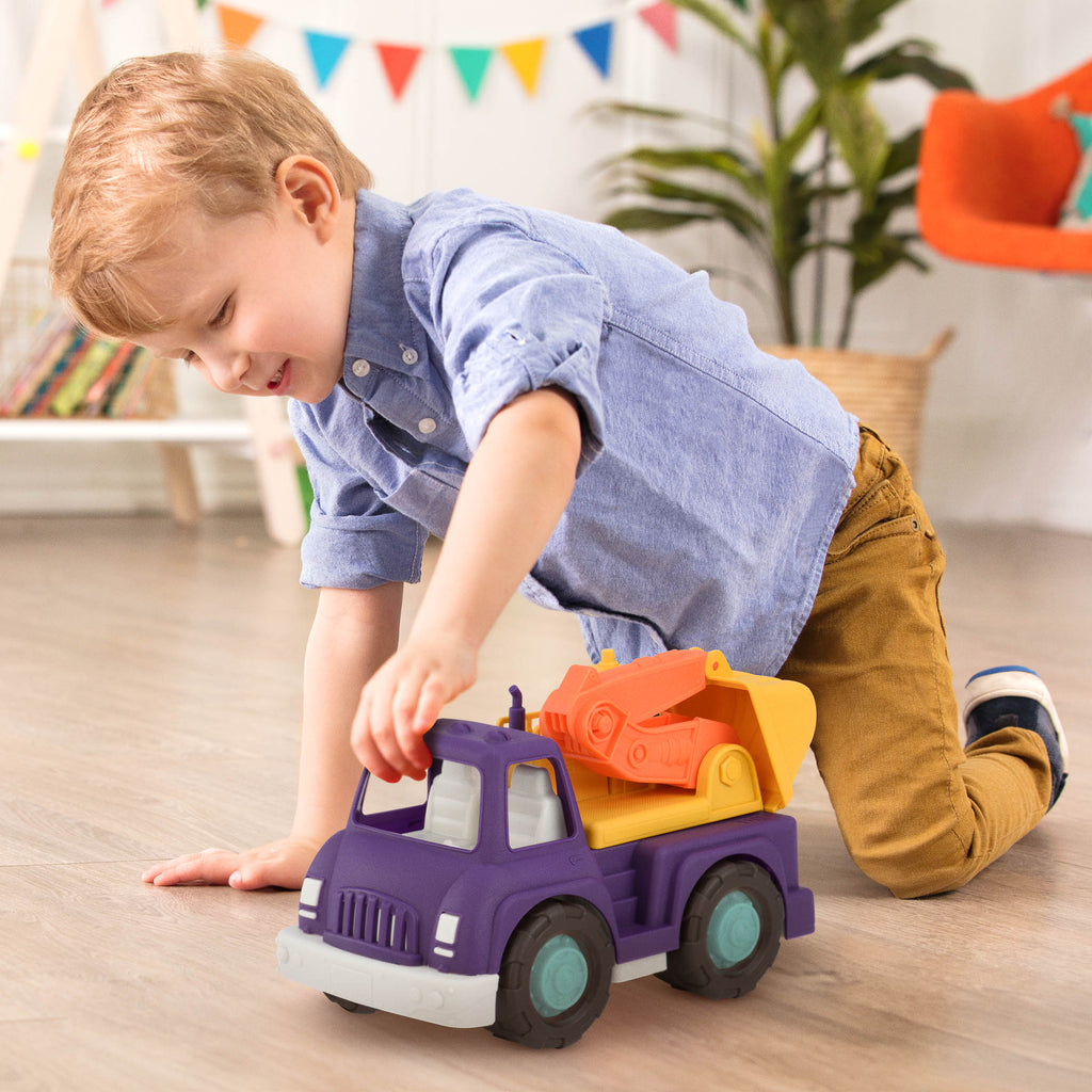 A purple, yellow, and orange excavator truck for toddlers and kids.