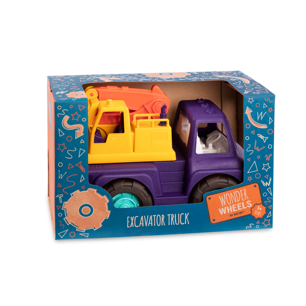 A purple, yellow, and orange excavator truck for toddlers and kids.