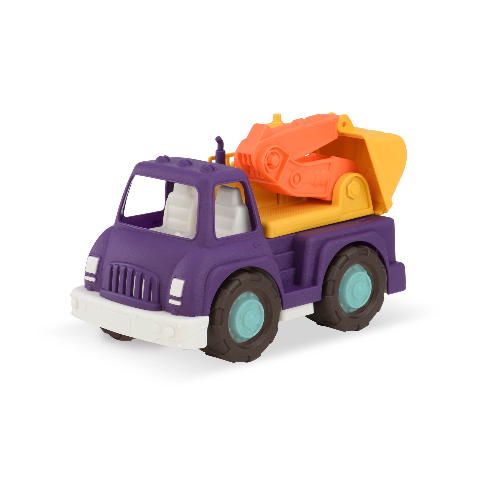 A purple, yellow, and orange excavator truck for toddlers and kids.