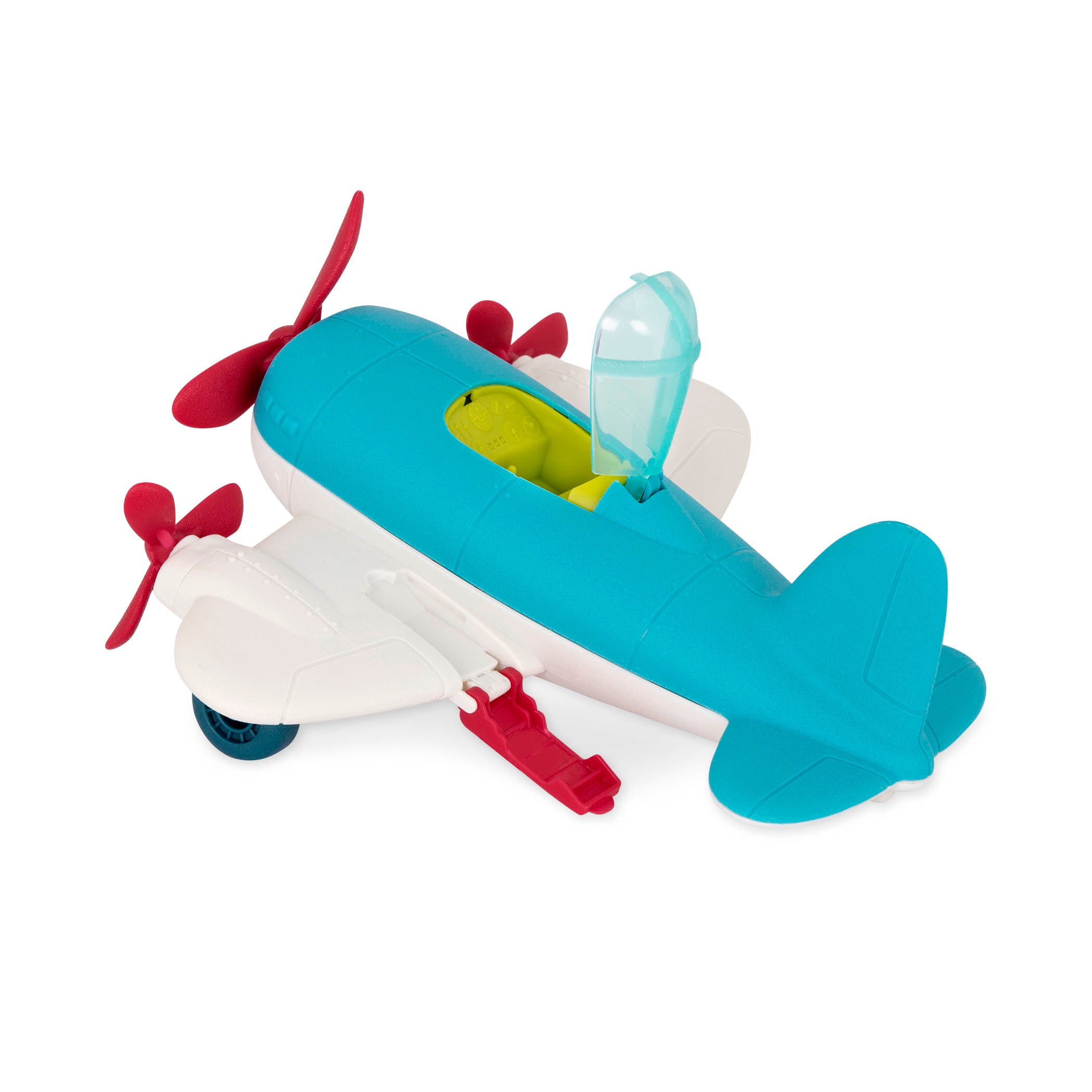 A white and blue airplane toy with red propellors.