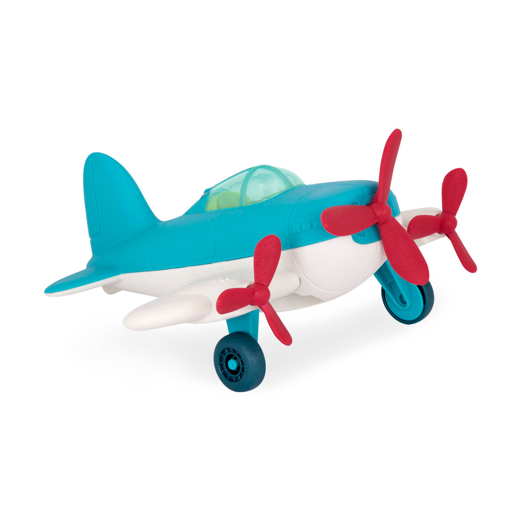A white and blue airplane toy with red propellors.