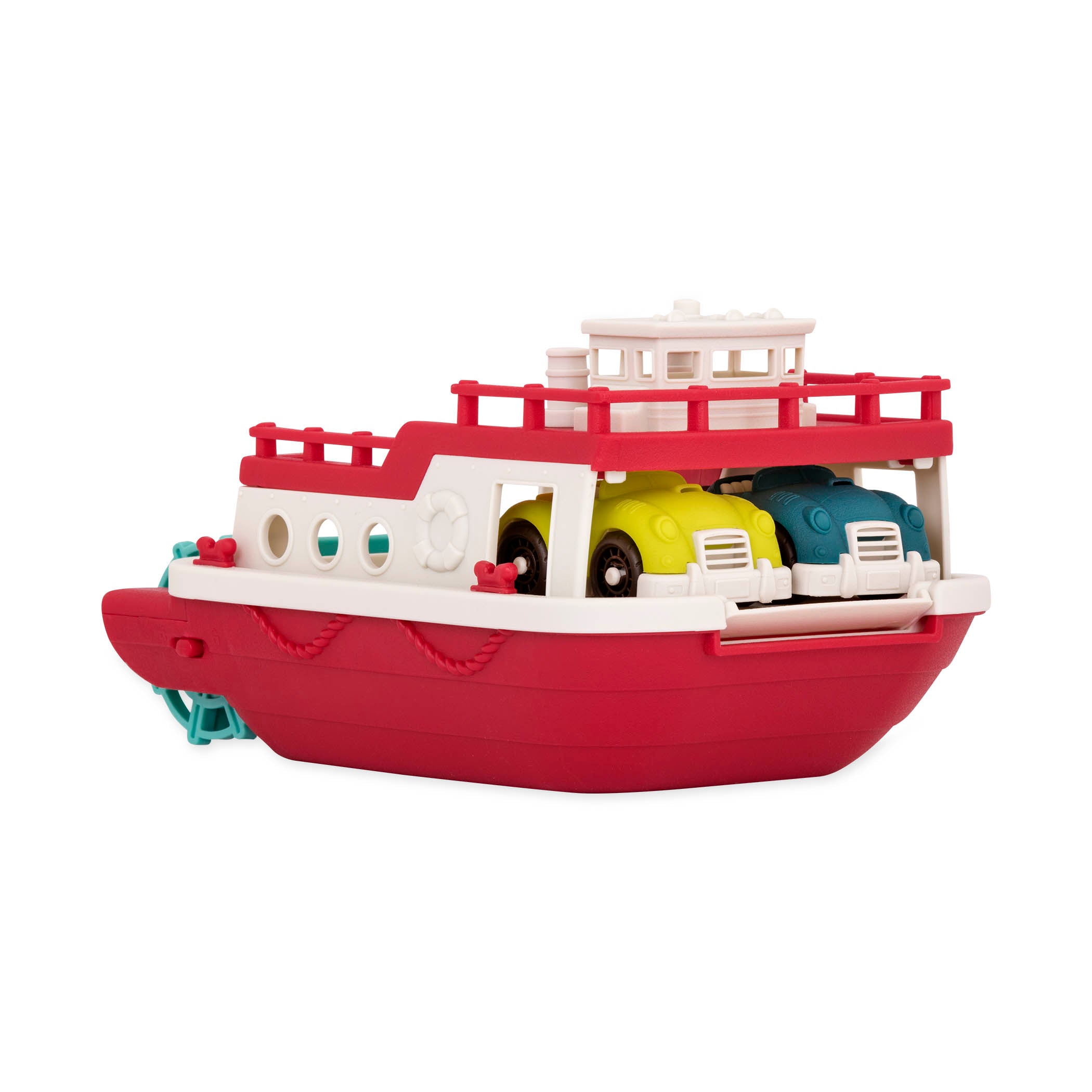 A ferry toy with the ramp down and 2 toy cars.