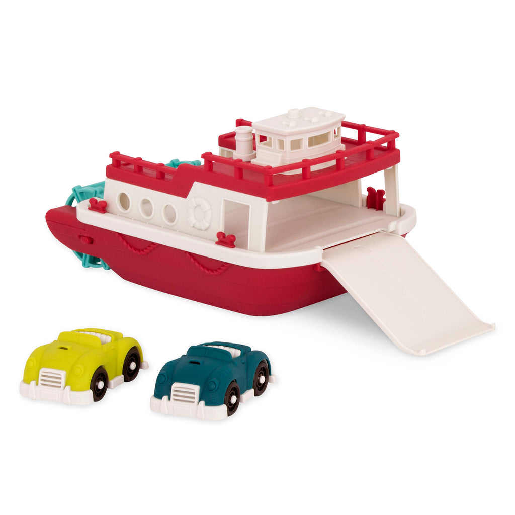 A ferry toy with the ramp down and 2 toy cars.