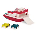 A ferry toy with the ramp down and 2 toy cars.