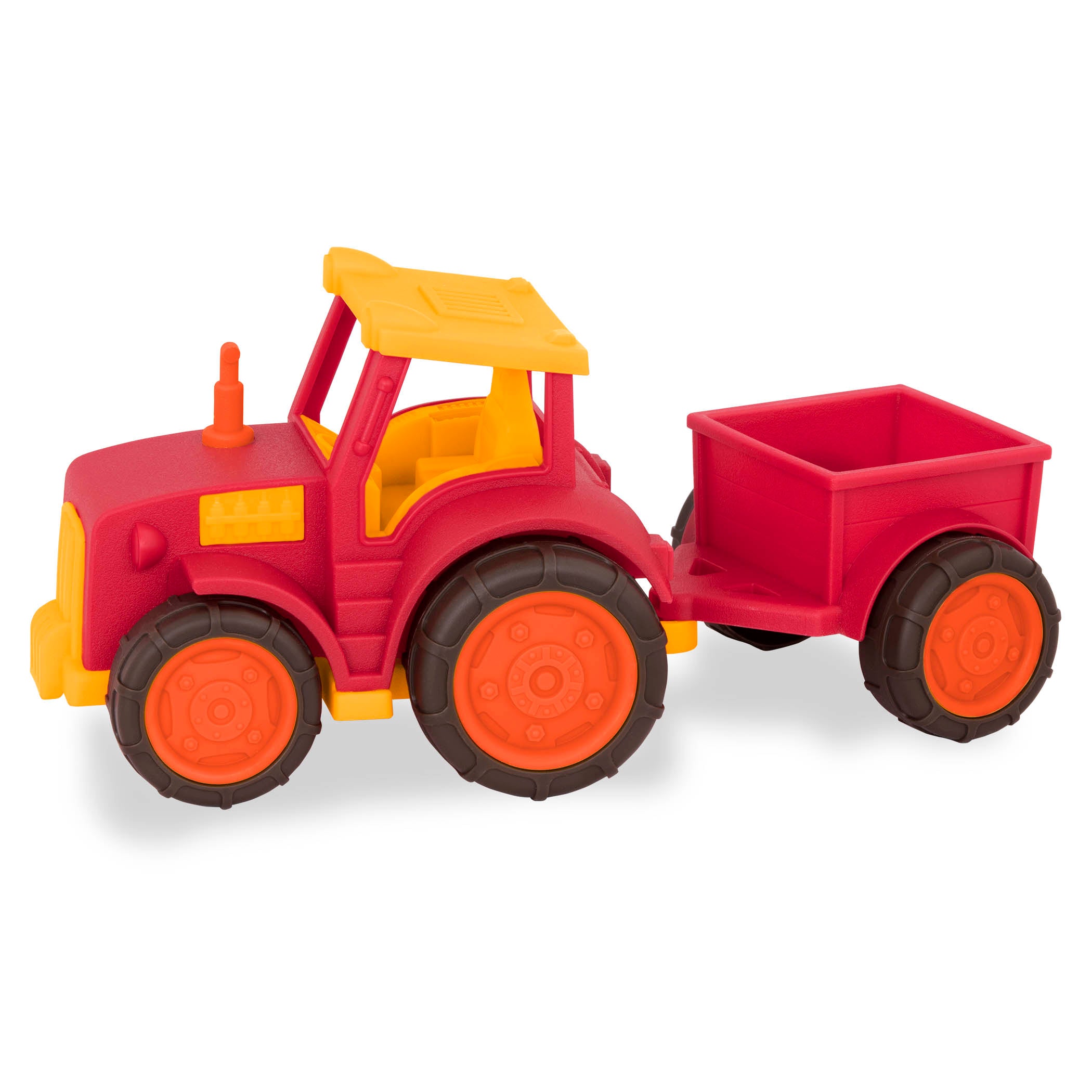 A red tractor toy with a detachable trailer.