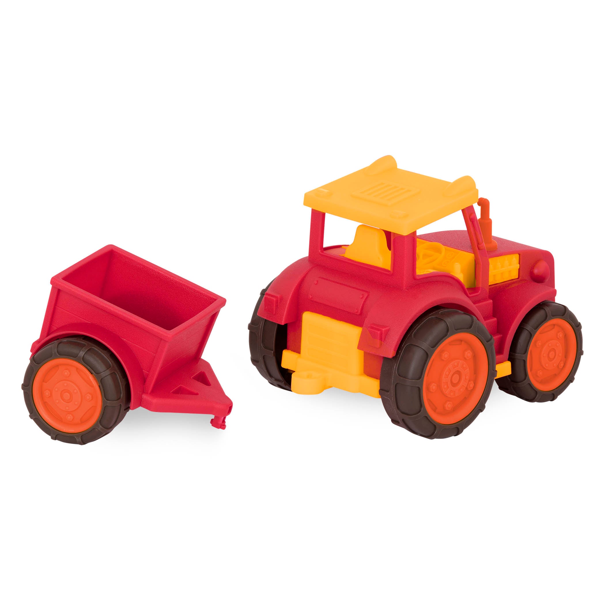 A red tractor toy with a detachable trailer.